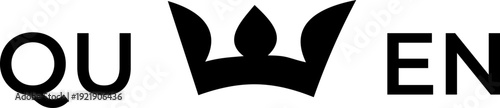 Minimalist creative typography of the word Queen with a crown icon integrated into the letters, modern black and white vector logo design isolated on white background for luxury branding and fashion