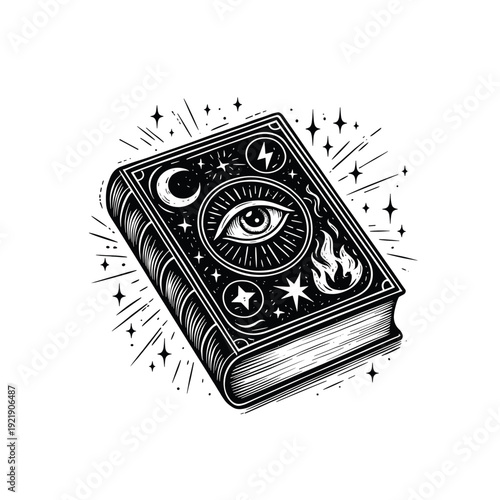 Vintage engraving illustration of Magic Spell Book with Mystical Symbols