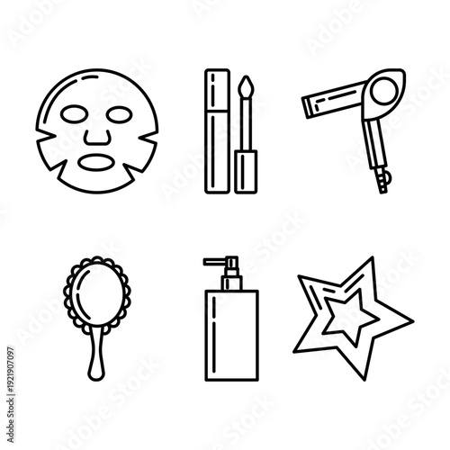 A set of line icons for skincare and makeup: sheet mask, lip gloss, hair dryer, beauty mirror, pump bottle, and a favorites star. Black outline, minimalist style, isolated on a light background.