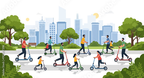 Diverse people riding electric scooters in a city park with skyline background