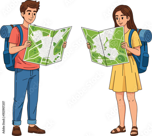 Young man and woman with backpacks holding paper city maps, travel couple exploring urban destinations and navigating tourism routes together.