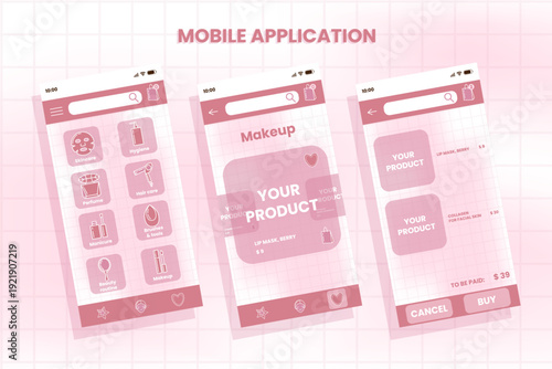 Pink mobile application UI for beauty ecommerce with product catalog, categories, product card and checkout screen. Modern shopping app interface on soft grid background.