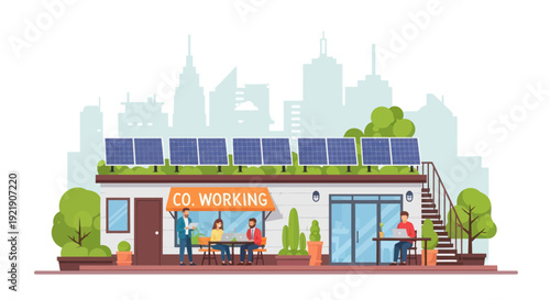 Eco-friendly co-working space with solar panels and rooftop garden in modern city
