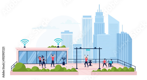 Rooftop Gym Cityscape: People Exercising with WiFi Signal