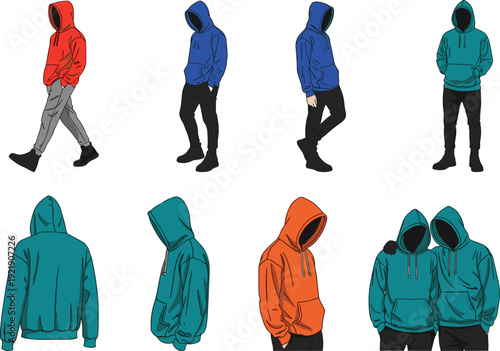 Set of faceless male characters wearing colorful oversized hoodies and joggers, technical fashion sketches of urban streetwear and casual apparel.