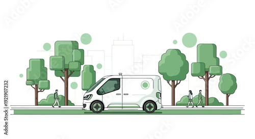 Autonomous Delivery Van Driving on City Street with Pedestrians and Trees