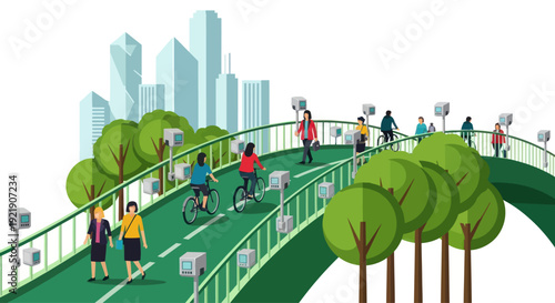 Eco-friendly urban bridge with cyclists and pedestrians