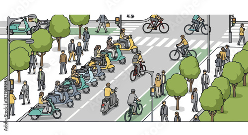 Busy City Street with Scooters, Cyclists, and Pedestrians - Pixel Art Style