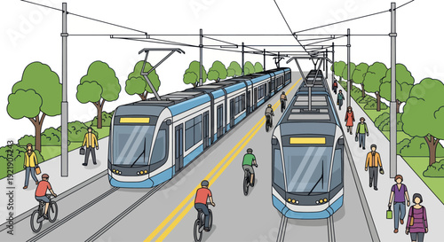 Modern light rail trams on city street with cyclists and pedestrians, urban transport concept