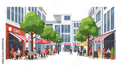 People enjoying outdoor dining at a European-style cafe and restaurant street scene