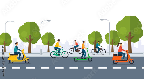 Urban commuters cycling and riding scooters on a city street with trees
