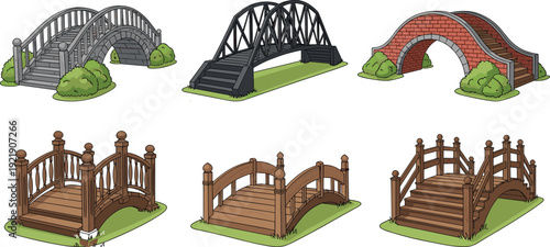 Set of six diverse bridge designs including wooden garden paths, stone archways, and metal pedestrian structures for park and landscape projects.