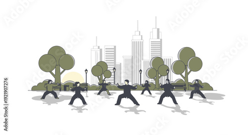 Group Practicing Tai Chi in Urban Park with City Skyline