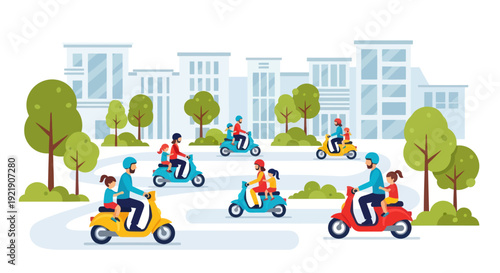 Diverse people riding scooters in a modern city street with trees and buildings