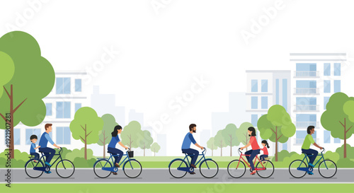 Diverse family and friends cycling on a sunny day, city park path, urban background