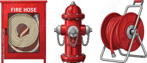 Set of fire safety equipment including a red hydrant, hose reel, and wall cabinet, essential fire emergency protection for industrial safety.