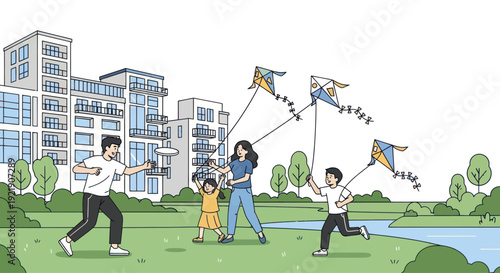 Family flying kites in urban park with modern buildings and river