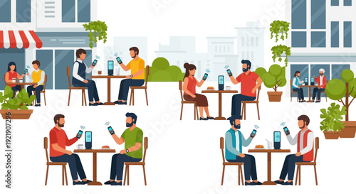 People enjoying outdoor cafe dining and using smartphones