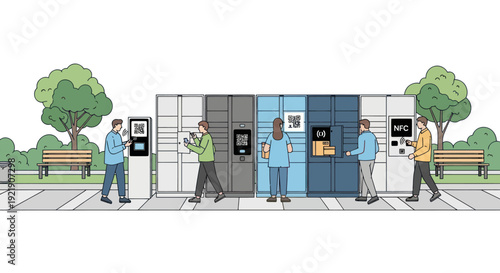 People using smart parcel lockers for package pickup and delivery in a park setting