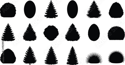 Black tree and bush silhouettes, vector plant icons, evergreen spruce pine, garden shrubs, landscaping foliage, isolated nature shapes, forest vegetation collection.