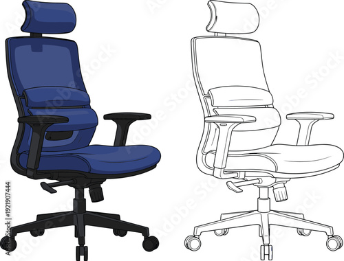 Ergonomic office chair with headrest and armrests, blue mesh desk chair for workspace comfort, cad drawing flat vector illustration, isolated