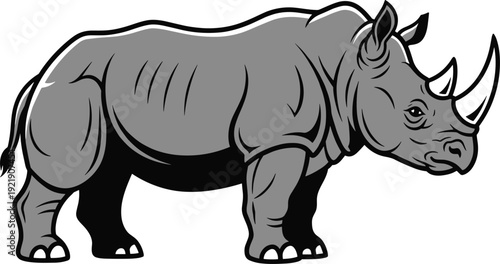 Gray rhinoceros standing isolated on white background, strong wild animal vector illustration, rhino side view mascot, cad drawing flat vector illustration