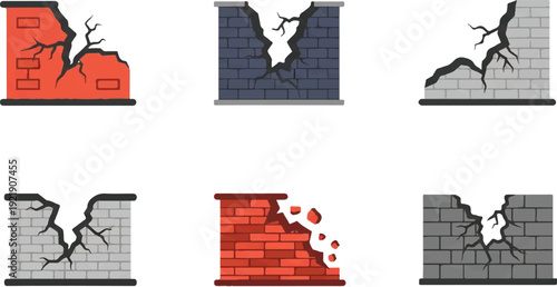 Cracked brick walls vector illustration of damaged structures