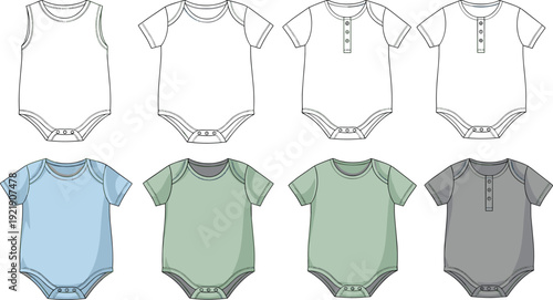Infant bodysuit technical sketch collection, baby onesie templates in multiple colors and styles, cad drawing flat vector illustration, isolated on white