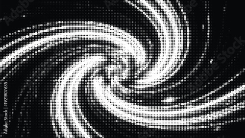 Monochrome spiral galaxy or vortex effect created with halftoned dots, abstract cosmic or fluid motion background