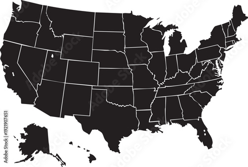 Black and white map of the United States with state borders geography 2
