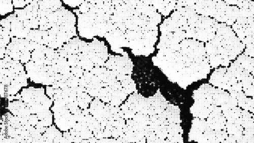 Cracked pavement texture with dark abstract shapes and circular patterns, distressed surface with distressed grid overlay