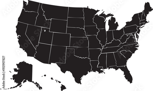Black and white map of the United States with state borders geography 13