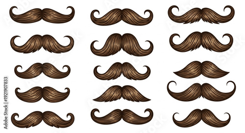 Collection of Realistic Brown Moustaches Isolated on White Background.