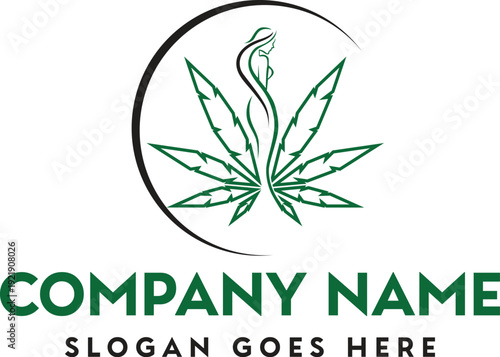 A green cannabis leaf is centered within a circular frame above company branding text high quality