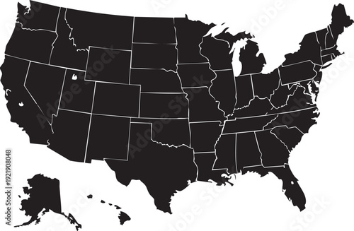 Black and white map of the United States with state borders geography