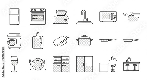 Collection of Hand Drawn Kitchen Appliances and Utensils Icons.