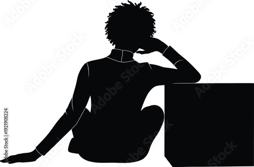 Back view silhouette illustration of a pensive woman with curly hair sitting on the floor leaning against a box while lost in deep thought and contemplation in a minimalist style AI Generative
