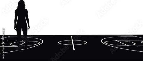 Minimalist black and white silhouette illustration of a woman standing on the edge of a basketball court representing preparation determination and sports training concepts AI Generative
