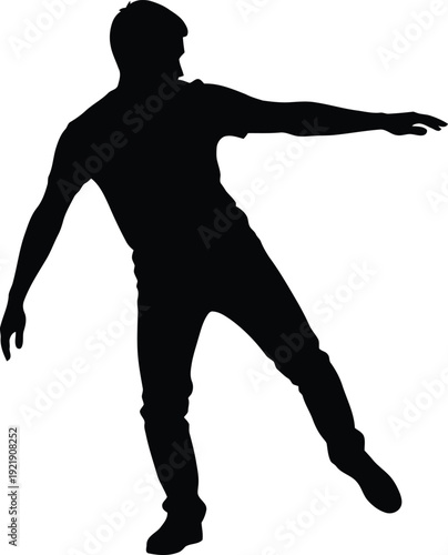 Full body black silhouette illustration of a young man in an active dynamic pose balancing, skating or sliding with outstretched arms on a white background in a minimalist style AI Generative
