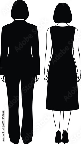 Back view profile silhouette illustration of two professional women wearing a formal business suit and a stylish sleeveless dress in a clean minimalist high contrast style AI Generative

