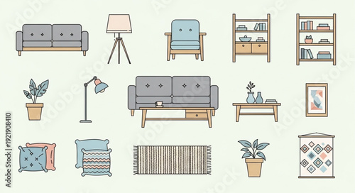 Collection of modern furniture and home decor items.