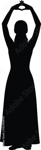 Elegant full-length silhouette illustration of a woman in a long flowing maxi dress standing with arms gracefully raised above her head for meditation, yoga, and artistic fashion concepts AI Generativ