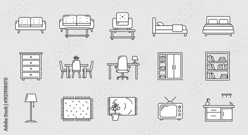 Collection of hand drawn furniture and home decor icons.