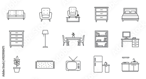 Collection of simple line art furniture and home decor items.