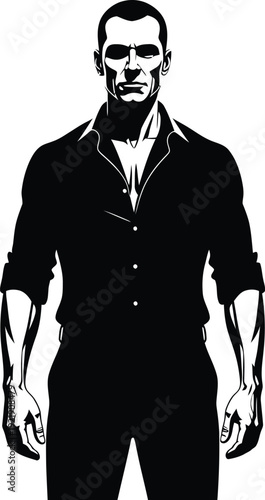 Confident muscular man in an unbuttoned shirt and trousers standing in a powerful authoritative pose, high contrast black and white linocut style graphic illustration AI Generative
