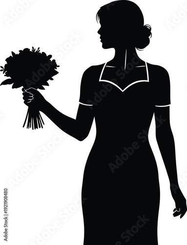 Side view profile silhouette illustration of an elegant woman in a stylish dress with her hair in a bun holding a beautiful flower bouquet for wedding and romantic greeting card concepts AI Generative