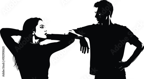 Side profile high contrast silhouette illustration of a young man and woman in a stylish casual pose representing fashion relationship interaction and modern youth lifestyle AI Generative
