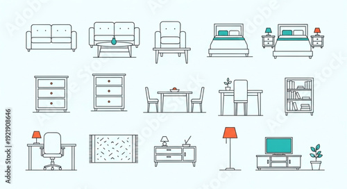 Collection of modern furniture line art illustrations.