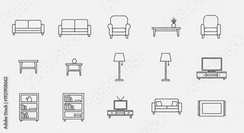 Collection of simple line art furniture icons for interior design.
