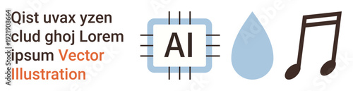 Artificial intelligence, water conservation, music, digital technology, education, creativity. A design AI chip, droplet music note. Artificial intelligence and water conservation